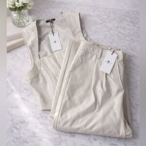 NWT 7 For All Mankind Vegan Leather Corset Vest Wide Leg Pant Set Beige Gray, L